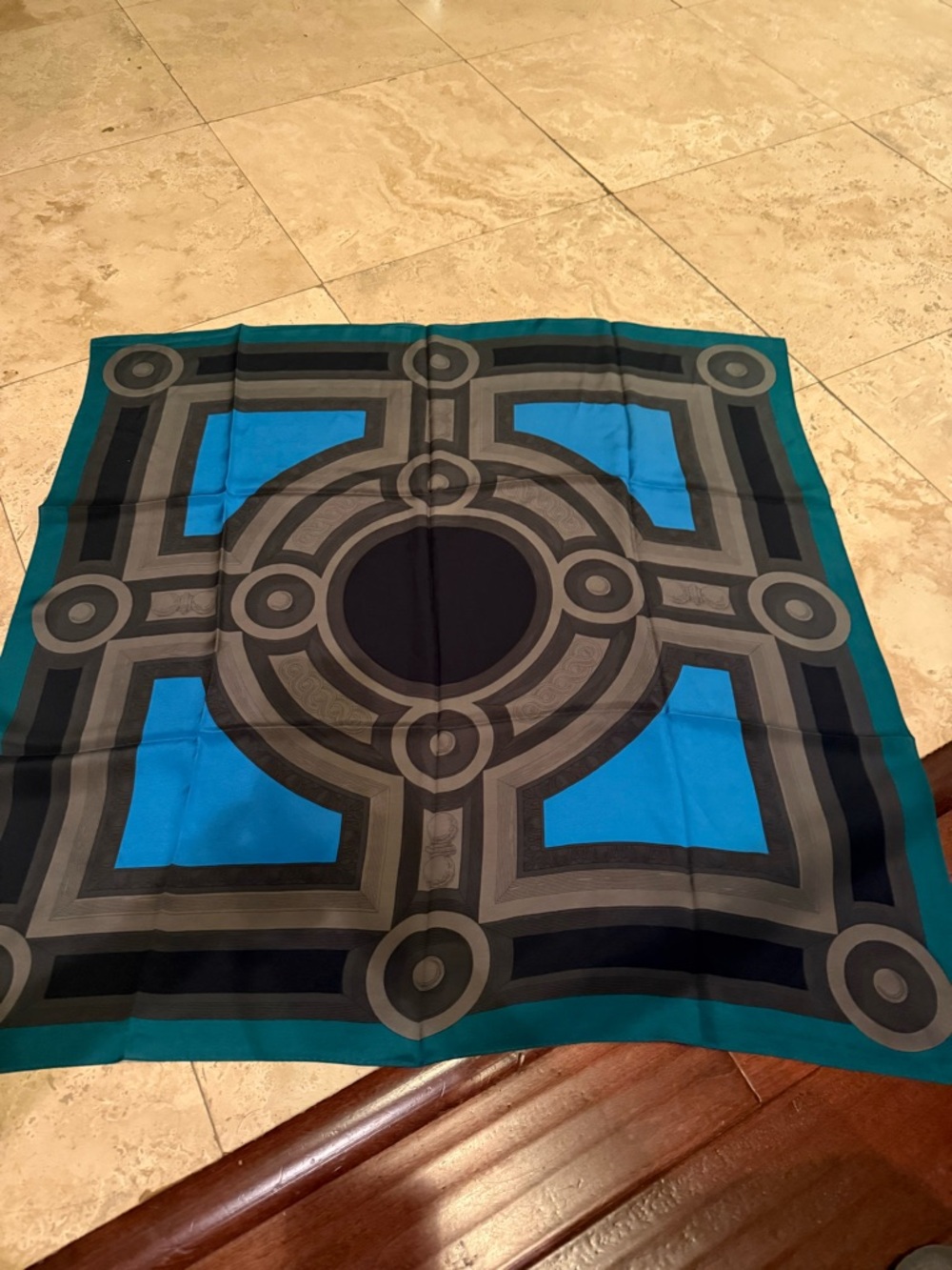 Ellen Tracy Geometric Blue and Teal and black Scarf 33”.